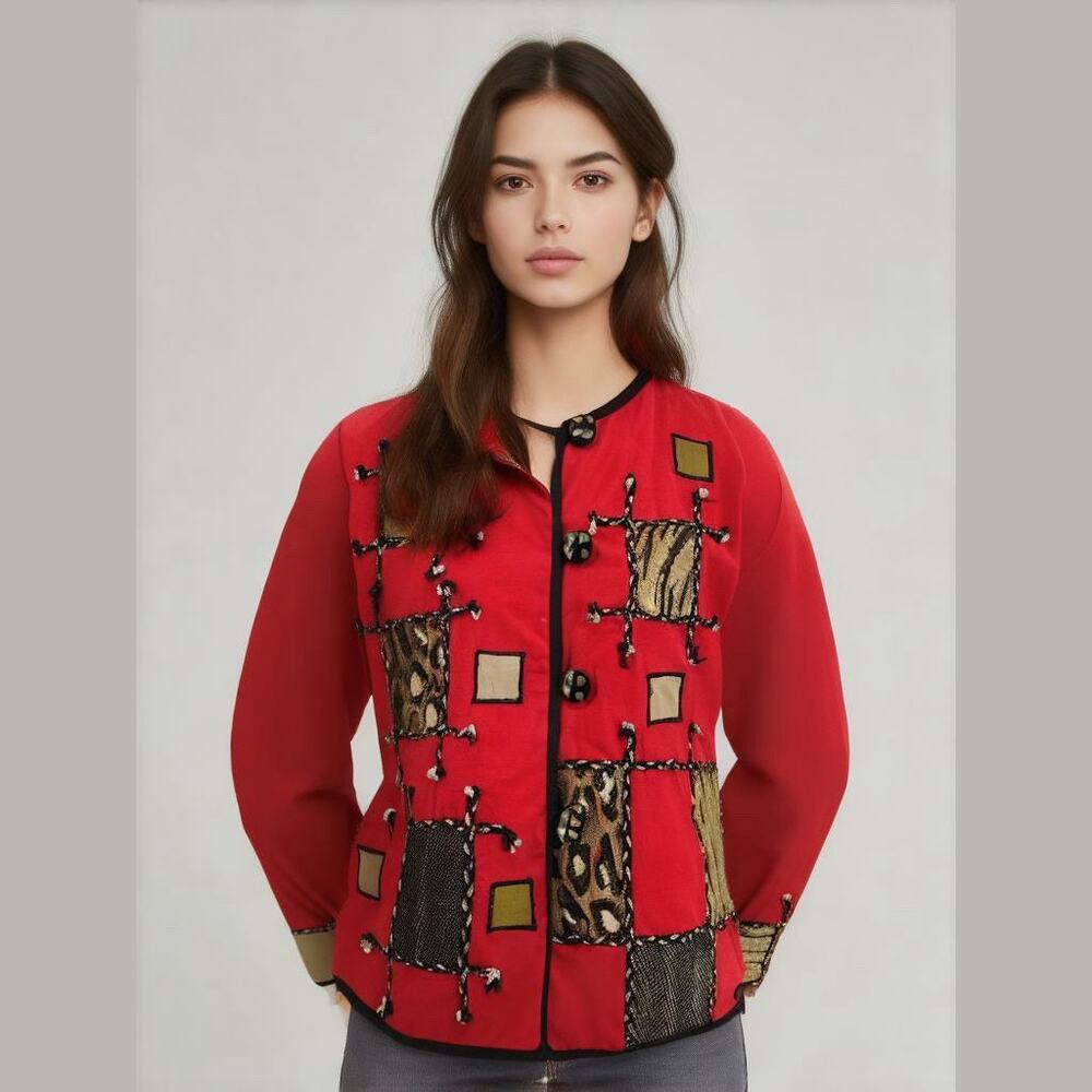 Allure Red Animal Print Tapestry Patchwork Embroidered Jacket Women Sz M VTG